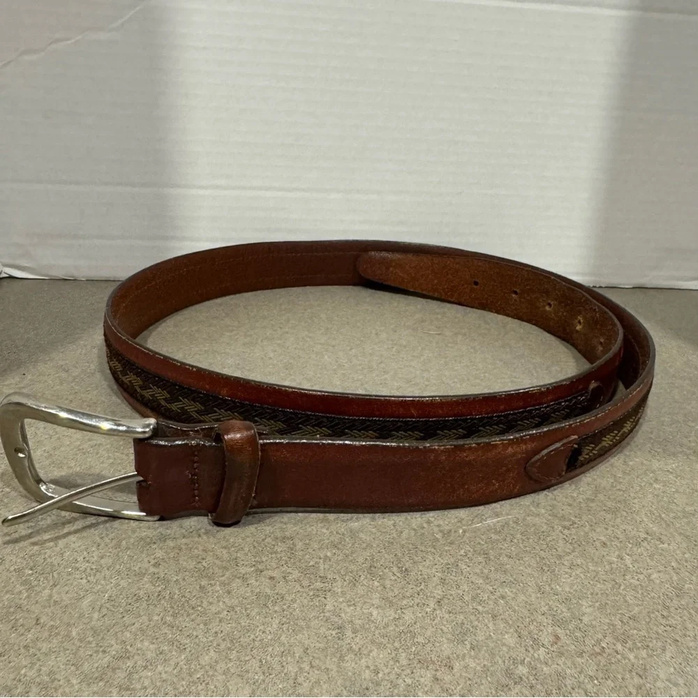 Lands’ End Vintage Men’s Woven Print Brown Leather Belt Size 40/100 Made in USA